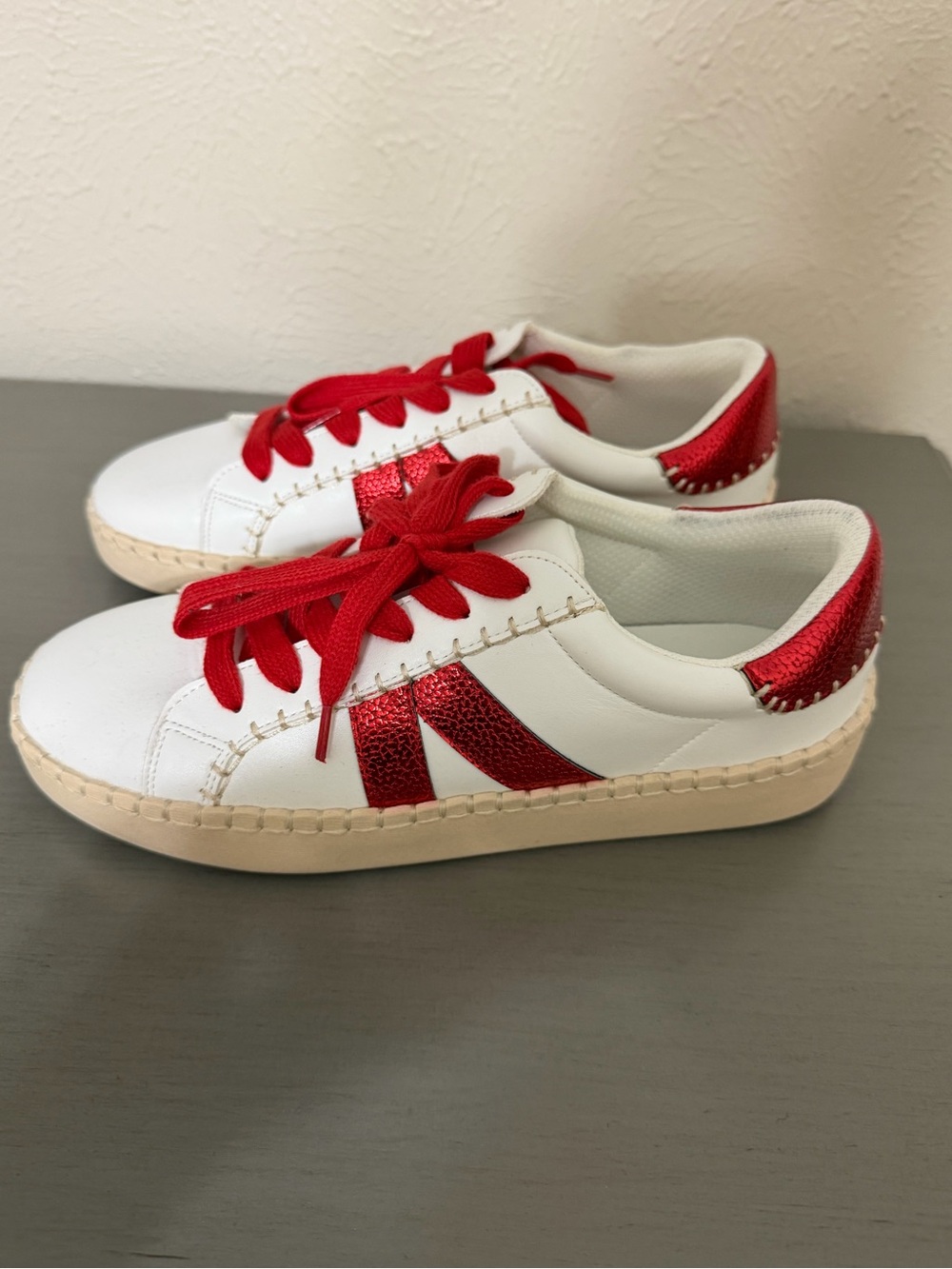 Corkys Women’s White Sneakers with Red Metallic Accents